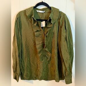 ZARA NWT Olive Green Ruffled Women's Top, Size M